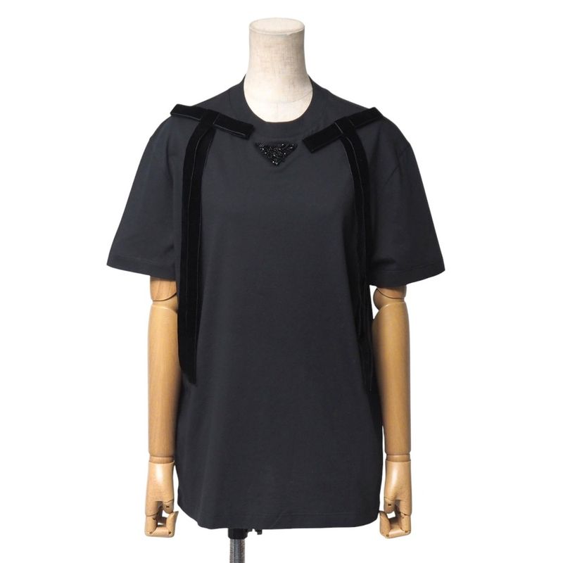 2024Prada Short Sleeve T-shirt Size XS Triangle Logo Beaded Decoration