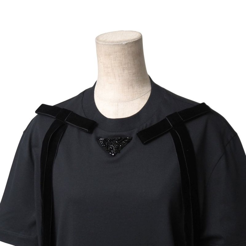 2024Prada Short Sleeve T-shirt Size XS Triangle Logo Beaded Decoration