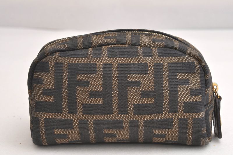 Fendi Zucca Pattern Vintage Pouch Wallet Canvas Leather Brown Black 4021n