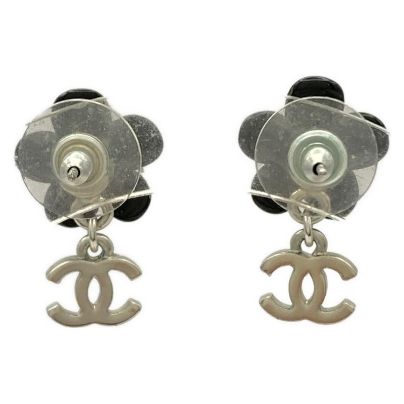 Chanel Earrings Coco Mark Black×silver Flower