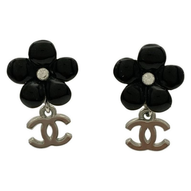Chanel Earrings Coco Mark Black×silver Flower