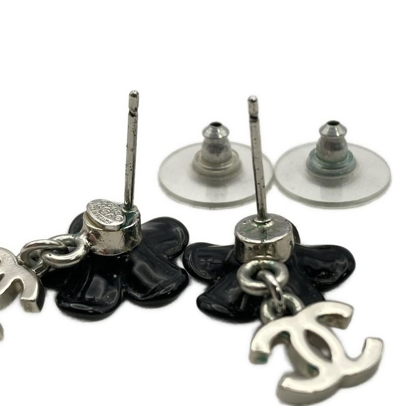 Chanel Earrings Coco Mark Black×silver Flower