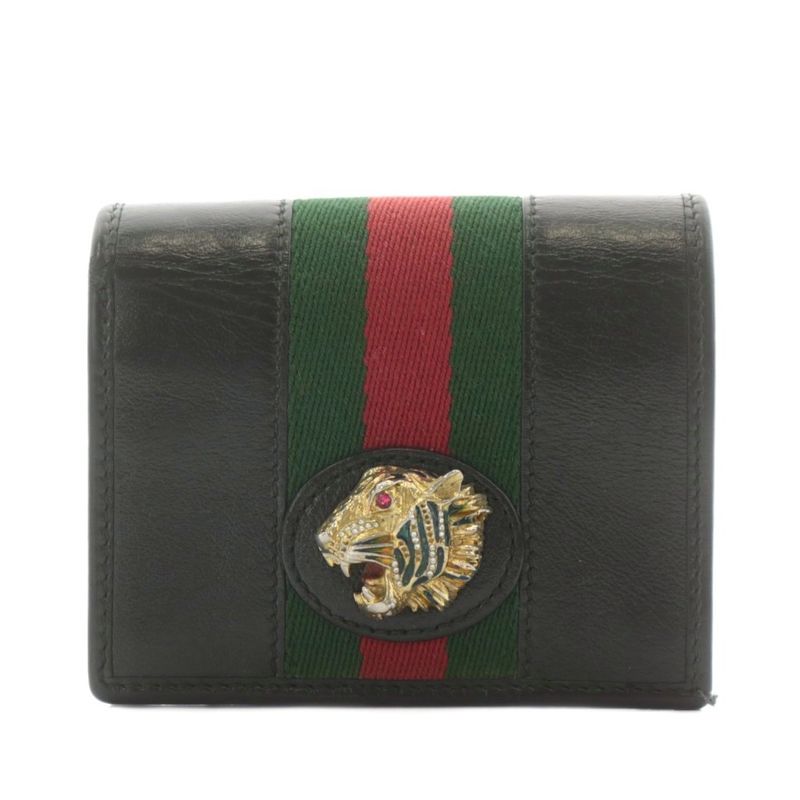 Gucci Sherry Line Raja Chain Wallet Bifold Coin Purse Taiga Motif Leather Black