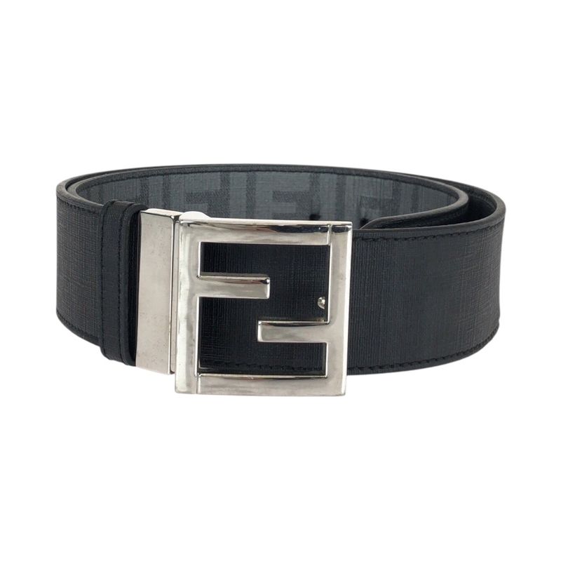 Fendi FF Logo Zucca Pattern Reversible Belt Black Silver Hardware Leather Belt