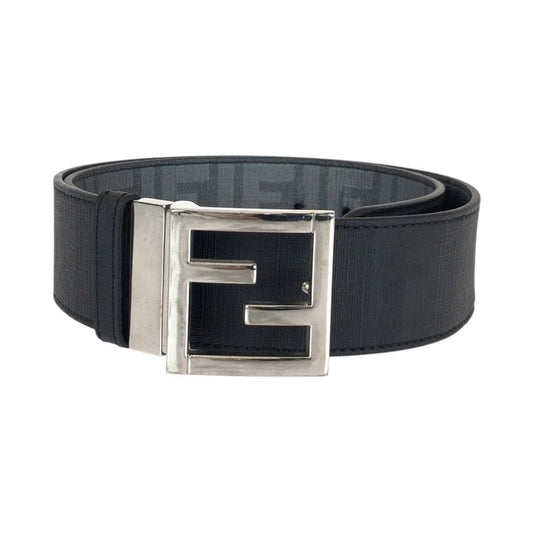 Fendi FF Logo Zucca Pattern Reversible Belt Black Silver Hardware Leather Belt