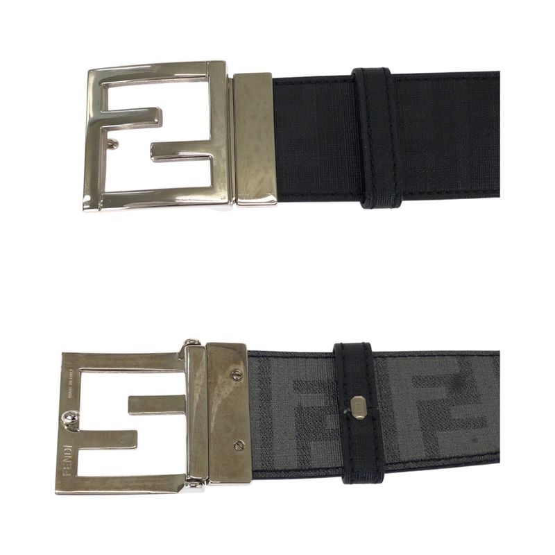Fendi FF Logo Zucca Pattern Reversible Belt Black Silver Hardware Leather Belt
