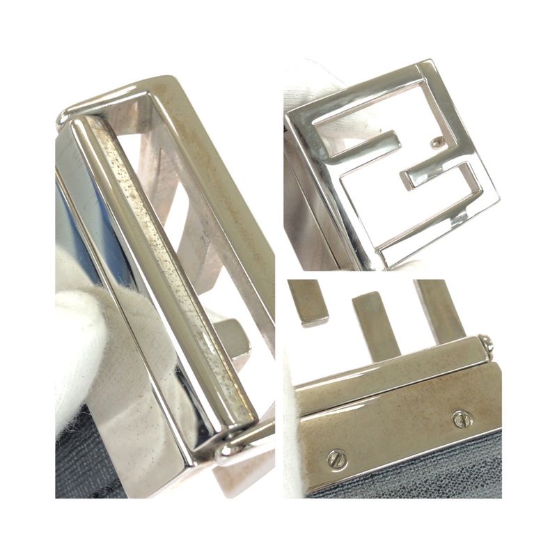 Fendi FF Logo Zucca Pattern Reversible Belt Black Silver Hardware Leather Belt