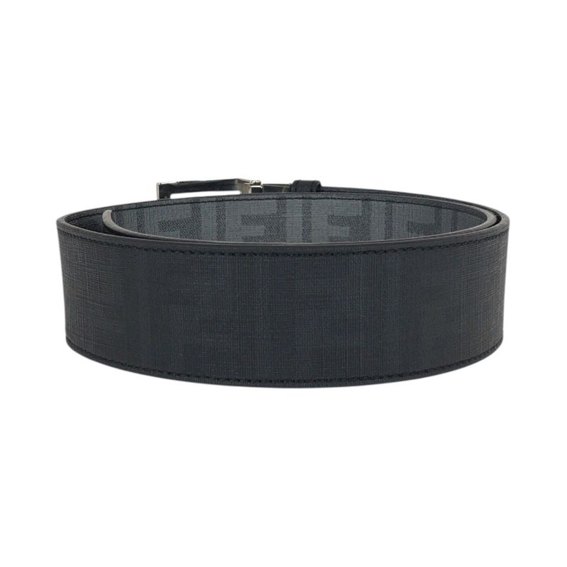 Fendi FF Logo Zucca Pattern Reversible Belt Black Silver Hardware Leather Belt