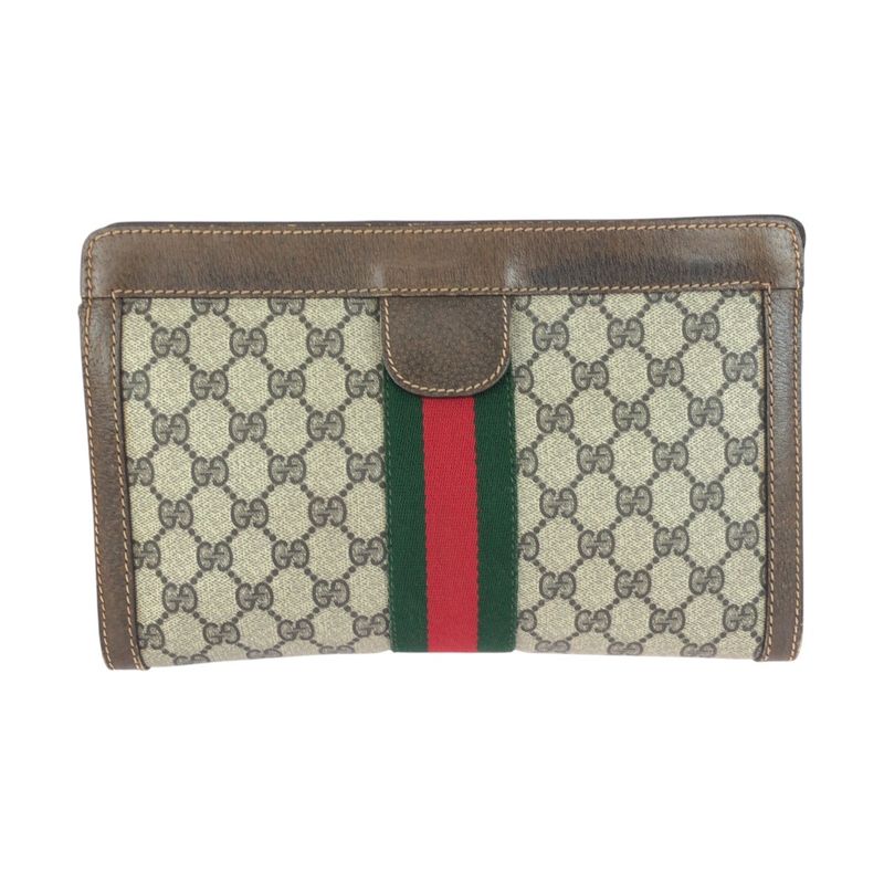 Gucci Vintage Old Gucci Sherry Line Brown Gray GG Supreme Canvas/leather Clutch