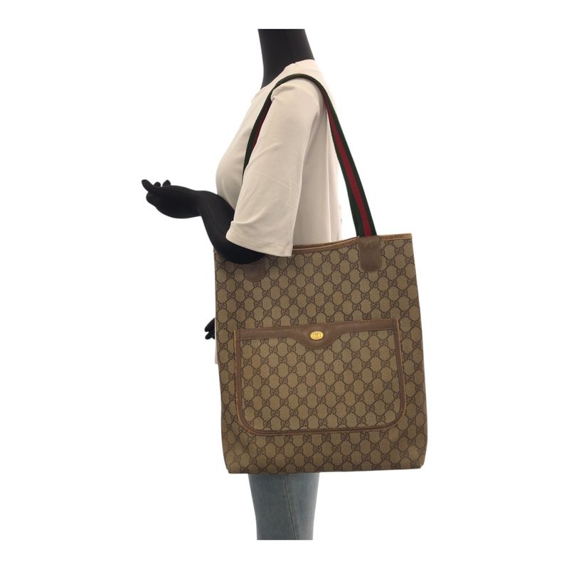 Gucci Vintage Sherry Line Old Gucci Brown Gold Hardware GG Supreme Canvas/leathe