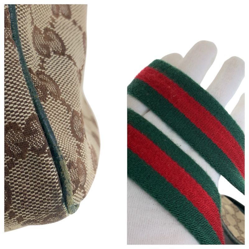 Gucci Sherry Line Beige Green Silver Hardware GG Canvas/leather 145758 Tote Bag