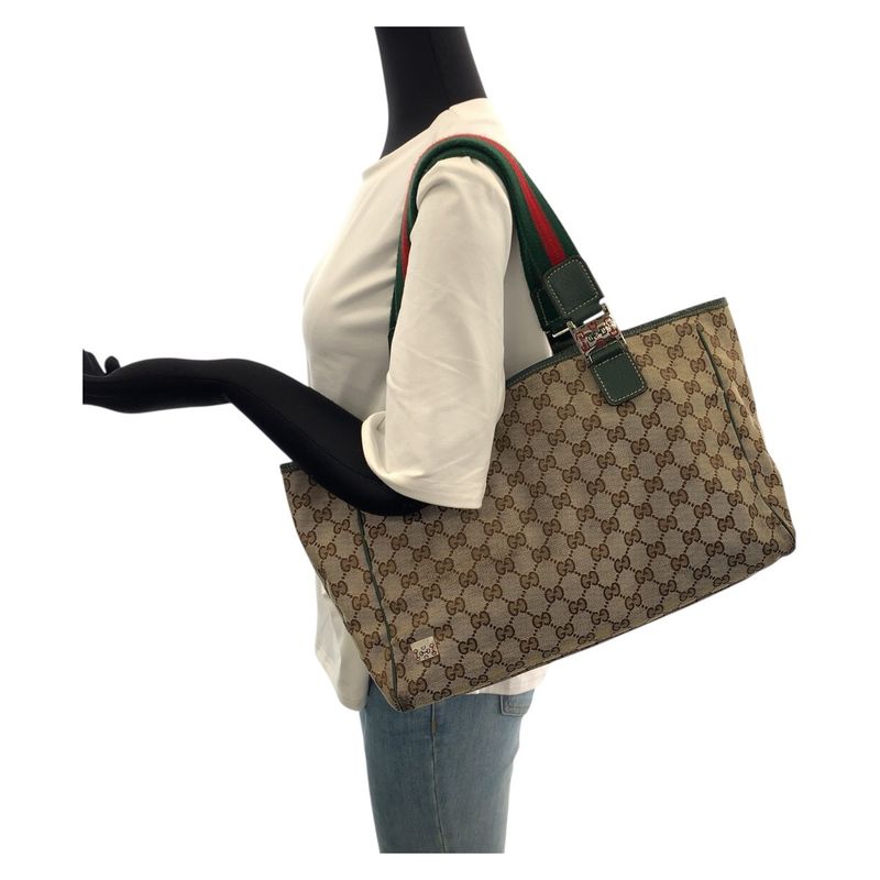 Gucci Sherry Line Beige Green Silver Hardware GG Canvas/leather 145758 Tote Bag