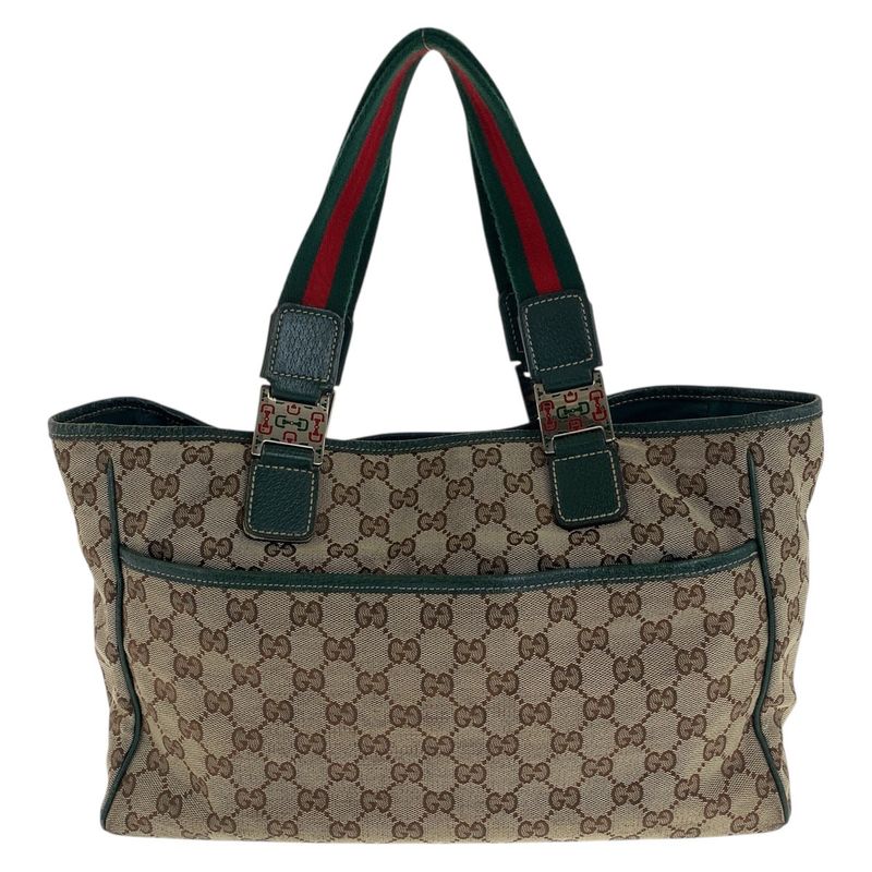 Gucci Sherry Line Beige Green Silver Hardware GG Canvas/leather 145758 Tote Bag