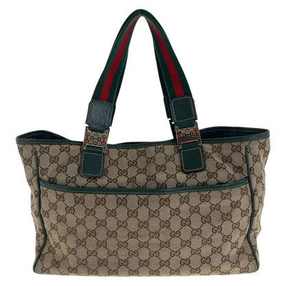 Gucci Sherry Line Beige Green Silver Hardware GG Canvas/leather 145758 Tote Bag