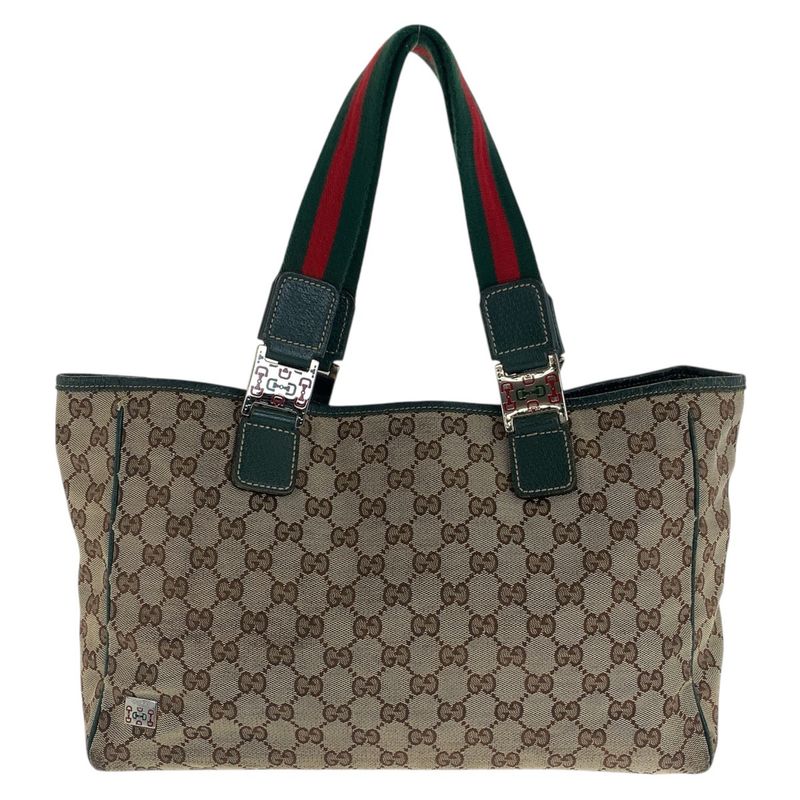 Gucci Sherry Line Beige Green Silver Hardware GG Canvas/leather 145758 Tote Bag