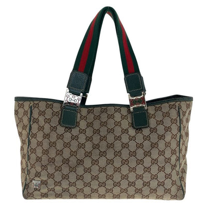 Gucci Sherry Line Beige Green Silver Hardware GG Canvas/leather 145758 Tote Bag