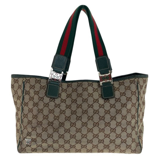 Gucci Sherry Line Beige Green Silver Hardware GG Canvas/leather 145758 Tote Bag