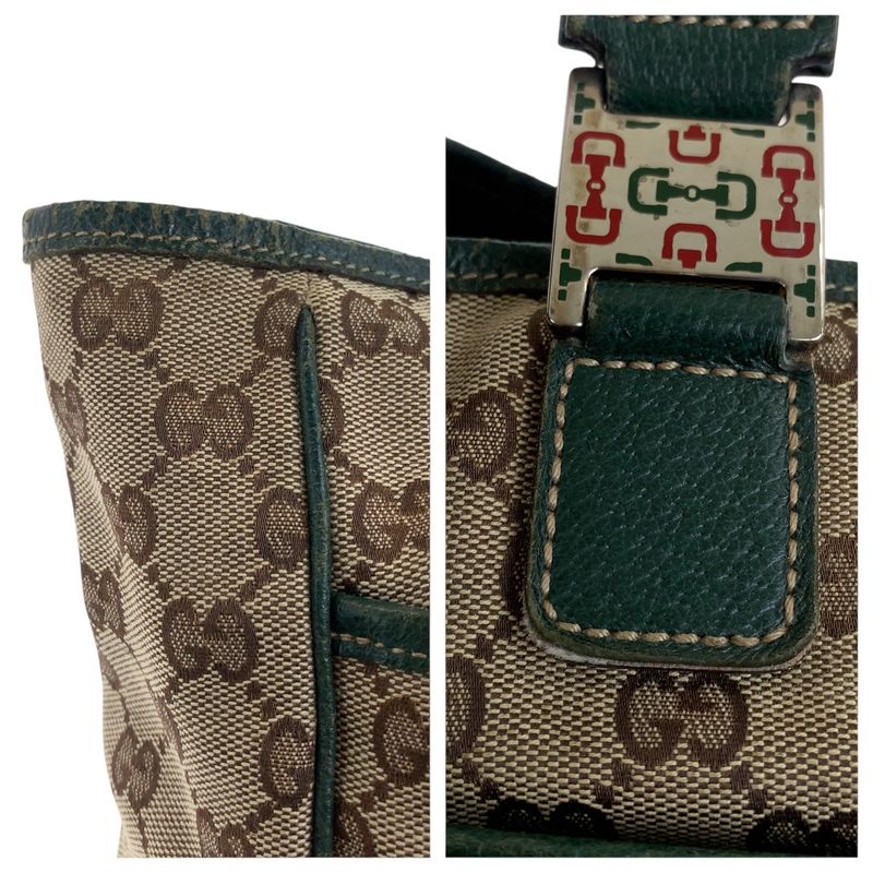 Gucci Sherry Line Beige Green Silver Hardware GG Canvas/leather 145758 Tote Bag