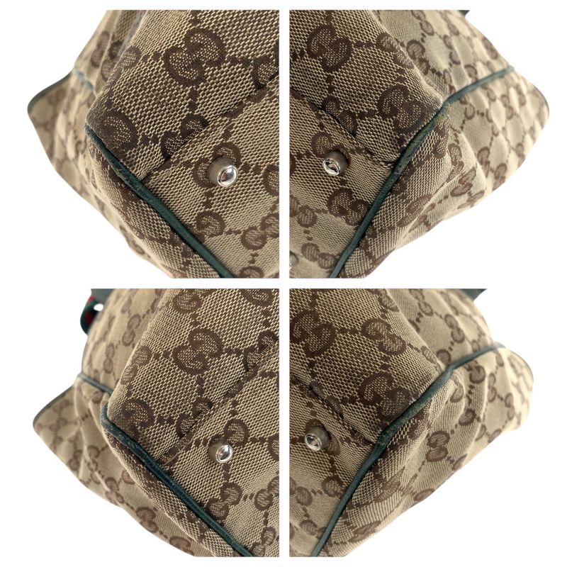 Gucci Sherry Line Beige Green Silver Hardware GG Canvas/leather 145758 Tote Bag