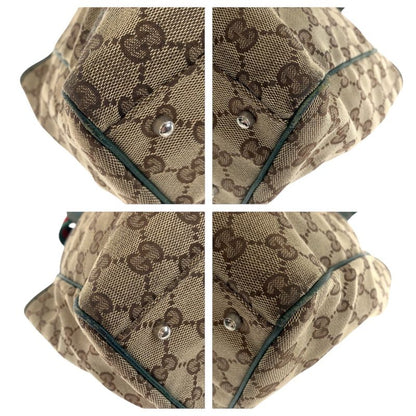 Gucci Sherry Line Beige Green Silver Hardware GG Canvas/leather 145758 Tote Bag