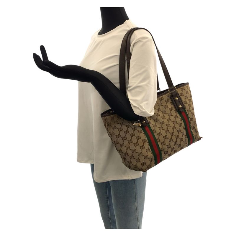 Gucci Sherry Line Beige Brown Gold Hardware GG Canvas/leather Tote Bag Shoulder