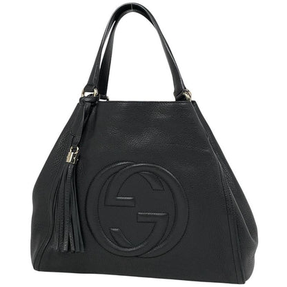 Gucci Soho Tote Bag Fringe Interlocking G Tote Leather Black 282309 Women