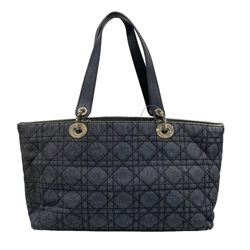 Dior/christian Dior Tote Bag Canage Stitch Navy And Silver Leather