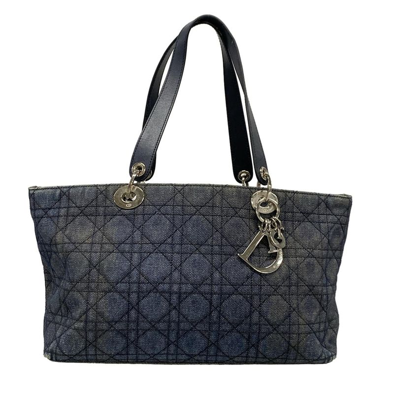 Dior/christian Dior Tote Bag Canage Stitch Navy And Silver Leather