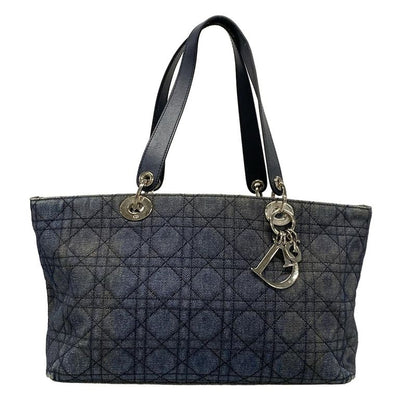 Dior/christian Dior Tote Bag Canage Stitch Navy And Silver Leather