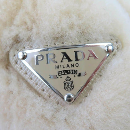 Prada 1if131 Triangle Logo Triangle Plate Mouton Fur Chou Hair Accessory Beige