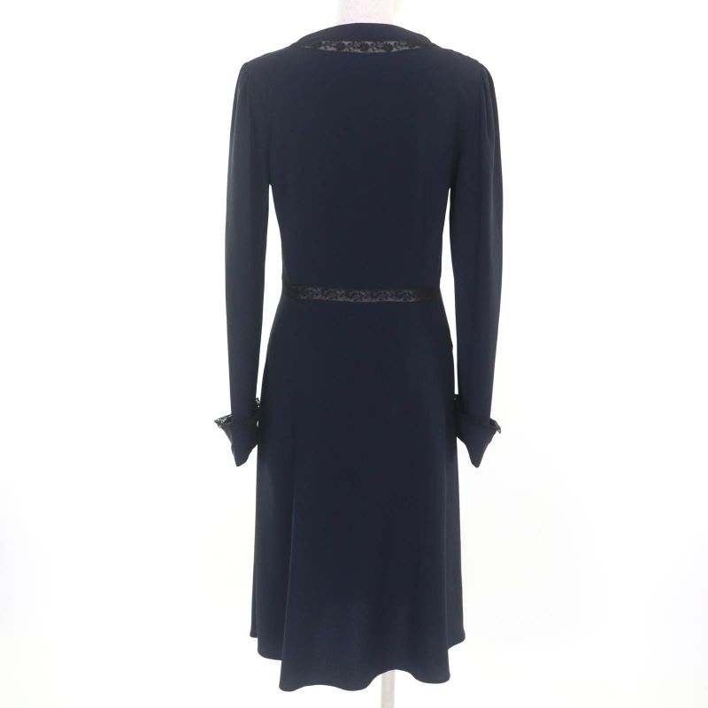 Prada P3309 Lace Combination V-neck Long Sleeve Dress Navy 40 Made In Italy