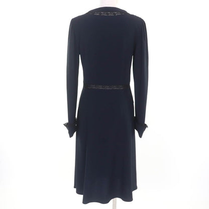 Prada P3309 Lace Combination V-neck Long Sleeve Dress Navy 40 Made In Italy