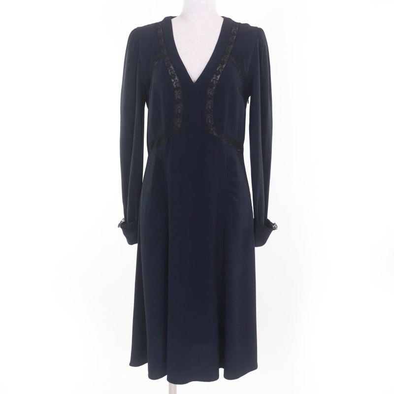 Prada P3309 Lace Combination V-neck Long Sleeve Dress Navy 40 Made In Italy