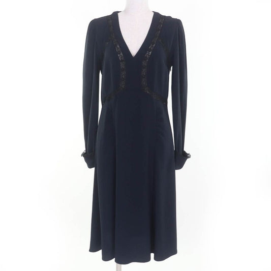 Prada P3309 Lace Combination V-neck Long Sleeve Dress Navy 40 Made In Italy