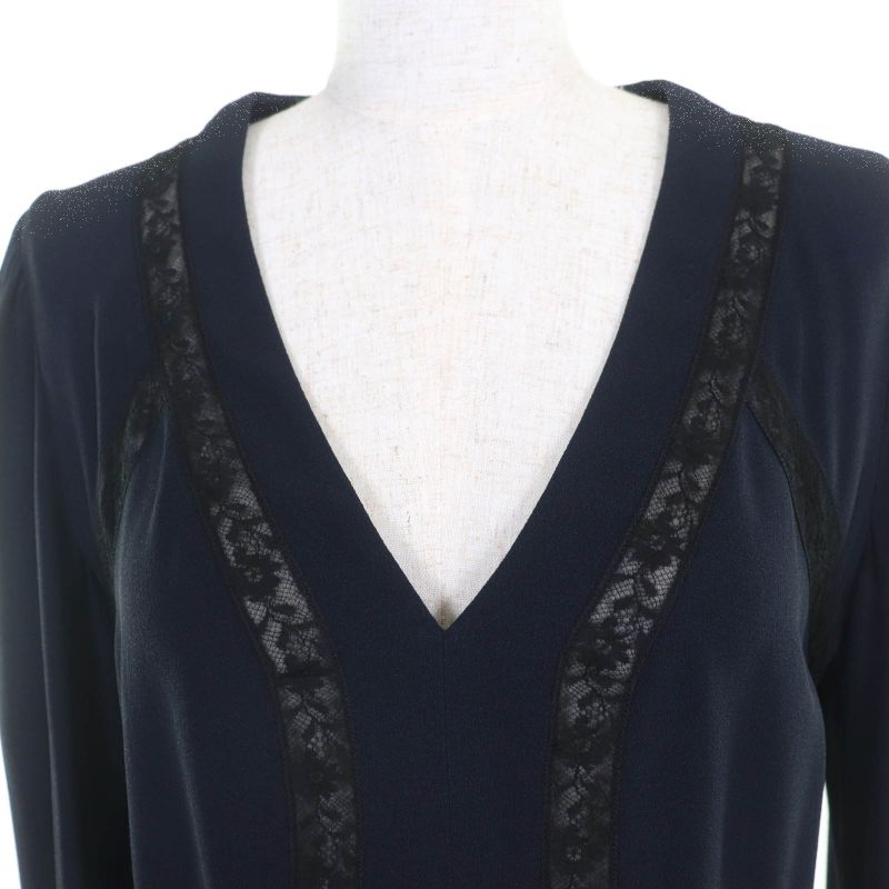 Prada P3309 Lace Combination V-neck Long Sleeve Dress Navy 40 Made In Italy