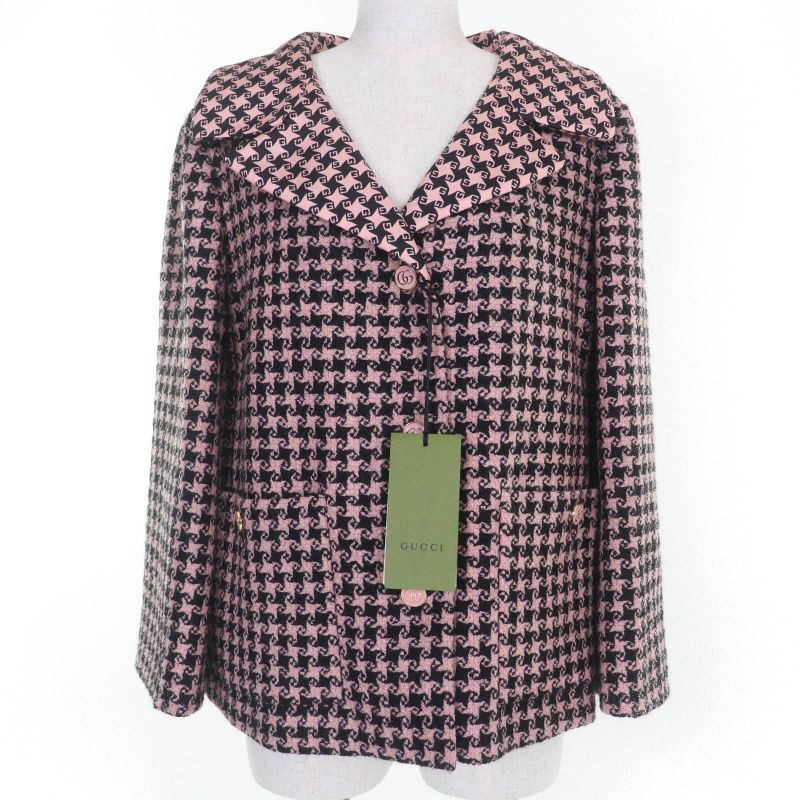 Gucci 674323 Wool GG Button Staggered Handtooth Jacket Coat Pink 40 Made In