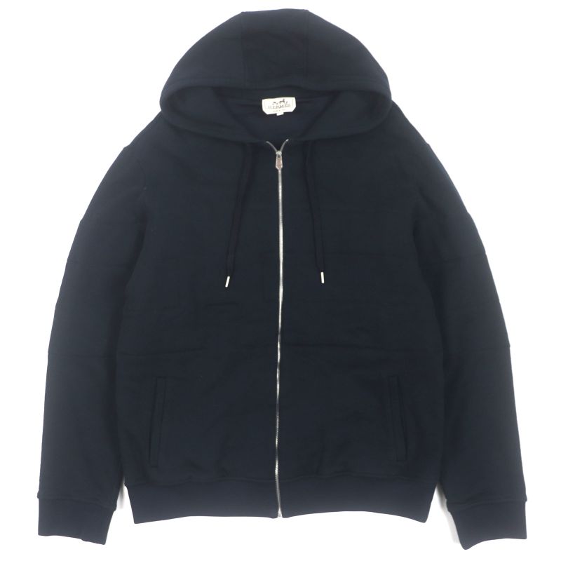  Hermes 20AW Silver Hardware H Motif Cotton Filled Hooded Zip-up Hoodie Dark