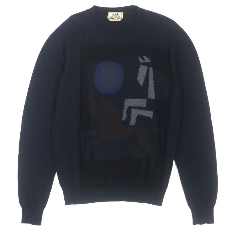  Hermes 23AW Velky Love 100% Cashmere Crewneck Pullover Knit Sweater Navy S