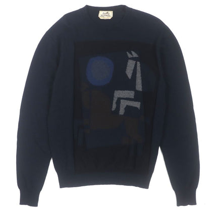  Hermes 23AW Velky Love 100% Cashmere Crewneck Pullover Knit Sweater Navy S