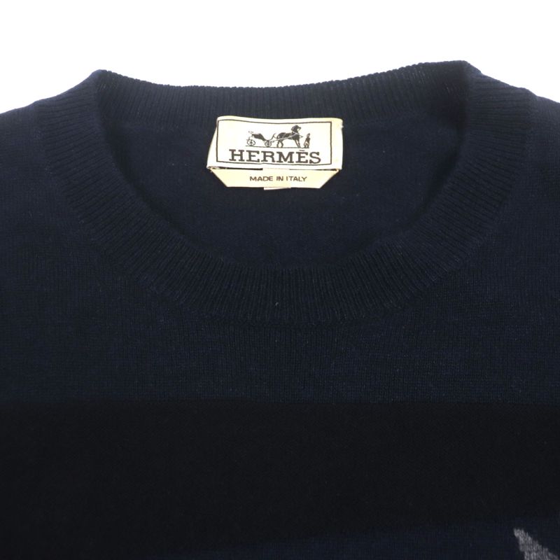  Hermes 23AW Velky Love 100% Cashmere Crewneck Pullover Knit Sweater Navy S