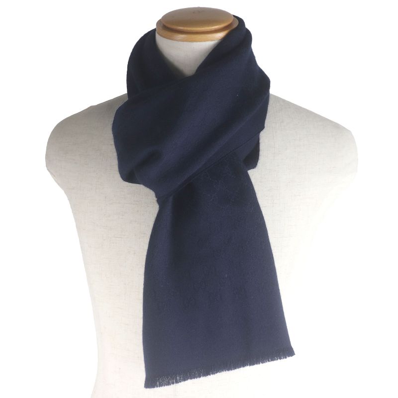 Gucci 100% Cashmere GG Logo All-over Fringe Scarf Shawl Scarf Navy 36 X 180cm