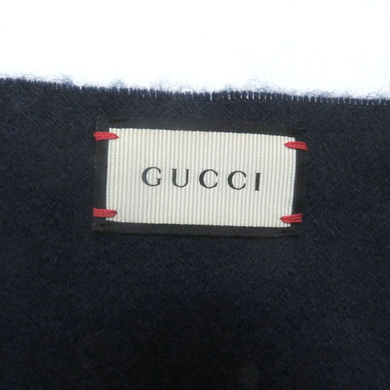 Gucci 100% Cashmere GG Logo All-over Fringe Scarf Shawl Scarf Navy 36 X 180cm