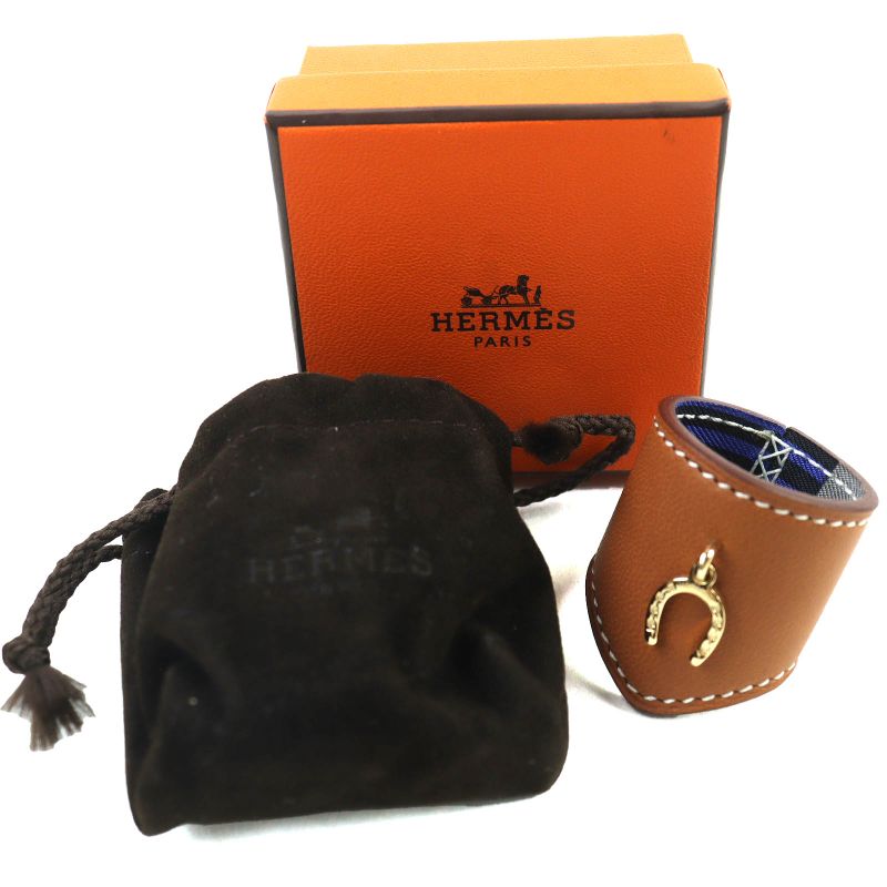 Hermes Porte Bonheur Leather Silk Marron Arsan Gold Hardware Scarf Ring With