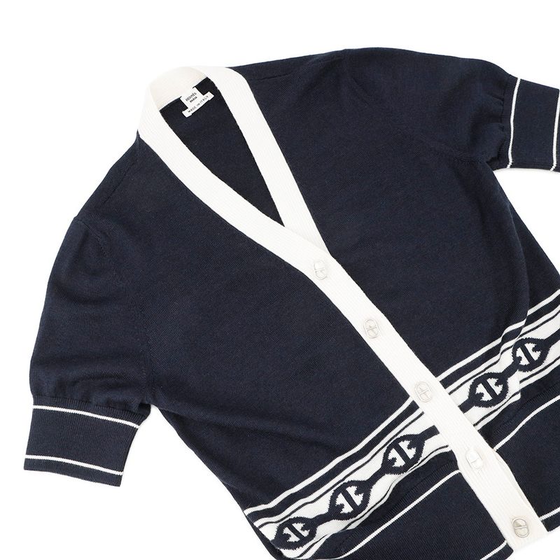 Hermes Cardigan Chaine D'ancre Knit Silk Cashmere 36 Blue Noir Black