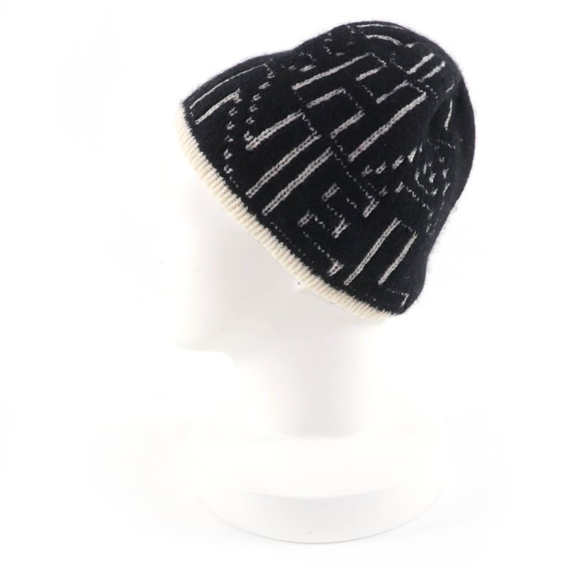 CHANEL 21K Cashmere Silk Blend Logo Design Beanie Knit Cap Black White Genuine