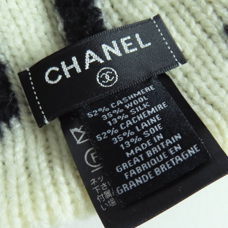 CHANEL 21K Cashmere Silk Blend Logo Design Beanie Knit Cap Black White Genuine