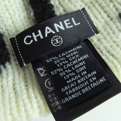 CHANEL 21K Cashmere Silk Blend Logo Design Beanie Knit Cap Black White Genuine