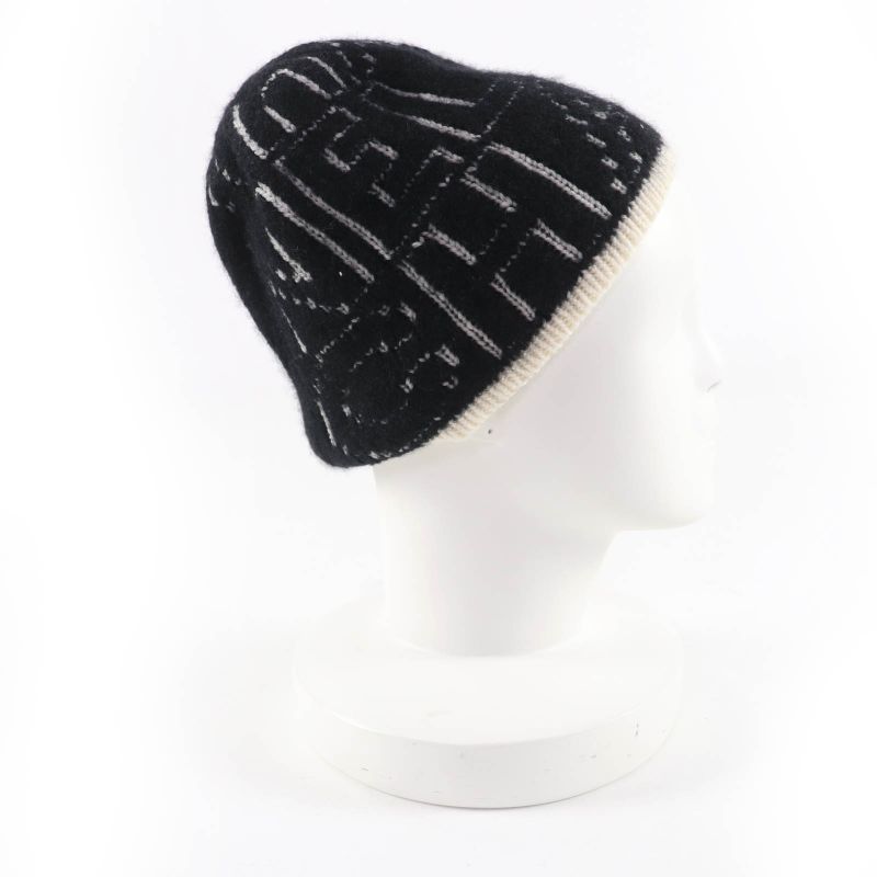CHANEL 21K Cashmere Silk Blend Logo Design Beanie Knit Cap Black White Genuine