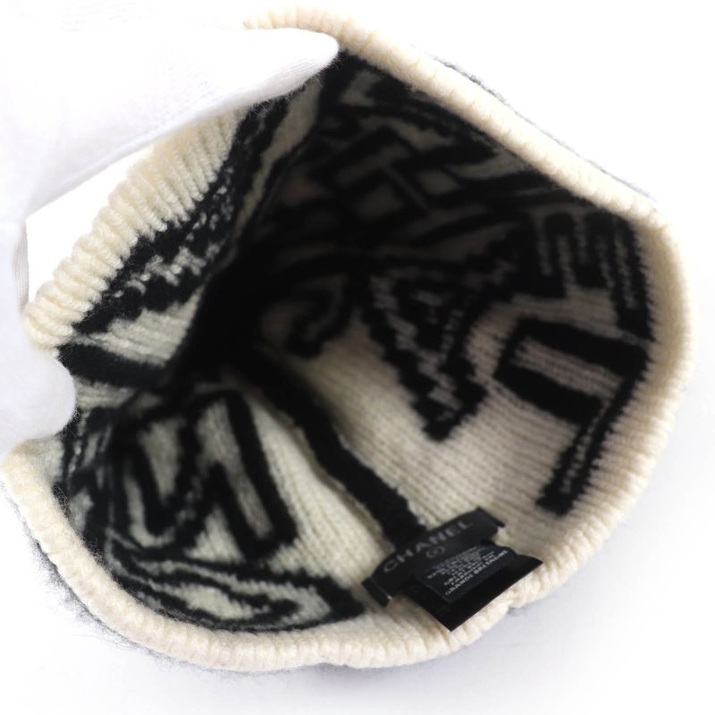 CHANEL 21K Cashmere Silk Blend Logo Design Beanie Knit Cap Black White Genuine