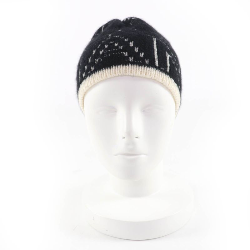 CHANEL 21K Cashmere Silk Blend Logo Design Beanie Knit Cap Black White Genuine
